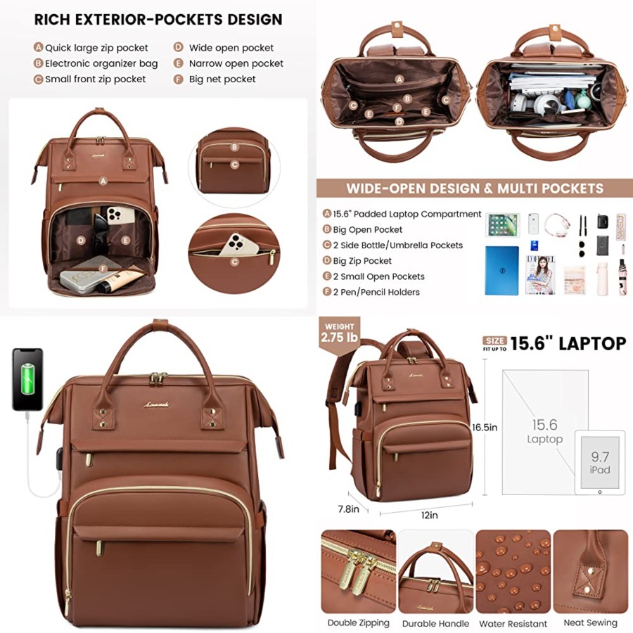 Leather Work - Leather Laptop Backpack for Women, Travel